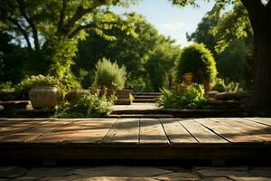 Outdoor exhibit platform Unoccupied wooden table in park, perfect for nature themed presentations AI Generated photo