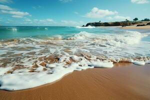 Seaside ambiance Clear wave on beach, reflecting pure sea waters natural charm AI Generated photo