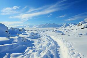 Uphill in snow Human footprints document determined climb through wintry hill AI Generated photo