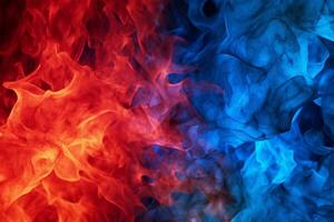 Bold red and blue flames ignite the darkness of the background. AI Generated photo