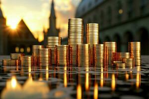 Sunlit coin columns stand tall, depicting wealth and strategic financial planning AI Generated photo