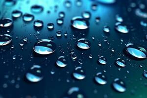 Reflective water droplets on a deep blue background with gradation and highlights. AI Generated photo