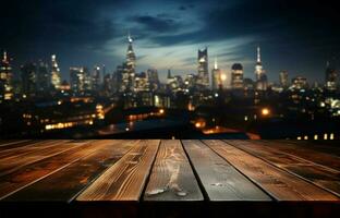 Nighttime atmosphere Wooden table with city buildings softly blurred in the backdrop AI Generated photo