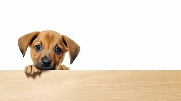 Puppy photobombing empty board on white background AI Generated photo