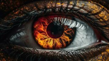 Macro image of human eye with fire flames . Mixed media AI Generated photo