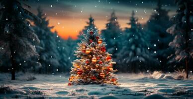New Year holiday concept. Large Christmas tree decorated with balls and garland - AI generated image photo