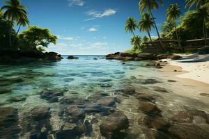 tropical orilla arenoso playa enmarcado por agraciado palma arboles debajo azul cielo ai generado foto