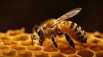 Honey-loving bee on comb surface with copy space AI Generated photo