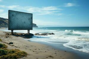 frente a la playa cartelera vacío monitor en medio de arenoso apuntalar y expansivo marina ai generado foto