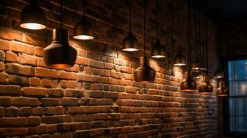 Many pendant lamps against red brick wall AI Generated photo