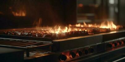 Fire-filled grill, A blazing backdrop for the perfect cooking experience. AI Generated photo