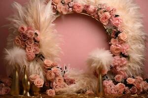 elegante Boda fondo adornado con oro anillos, eustoma rosas, y rosado plumas. ai generado foto