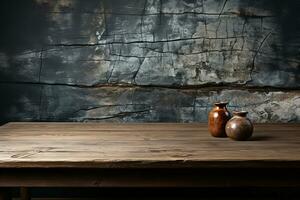 Isolated wooden tabletop, harmonizes with weathered concrete wall texture, visual intrigue AI Generated photo