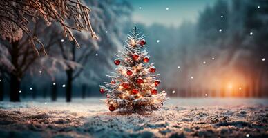 New Year holiday concept. Large Christmas tree decorated with balls and garland - AI generated image photo