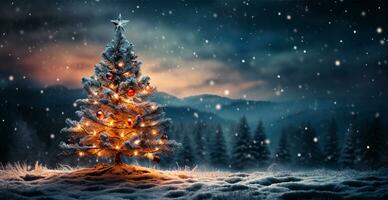 New Year holiday concept. Large Christmas tree decorated with balls and garland - AI generated image photo