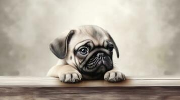 Sweet pug puppy above banner with copy space for text. AI Generated photo