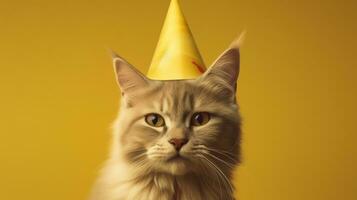 Yellow background, whiskered birthday kitty with hat AI Generated photo