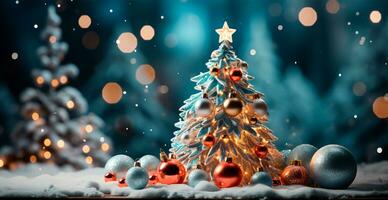 New Year holiday concept. Large Christmas tree decorated with balls and garland - AI generated image photo