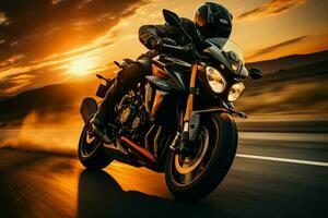 Mañana acelerador motociclista Razas en amanecer iluminado carretera, amplio Copiar espacio mejorando composición ai generado foto
