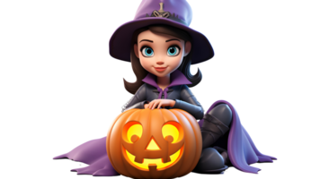 en halloween tecknad serie flicka innehav pumpor på henne tillbaka ai generativ png