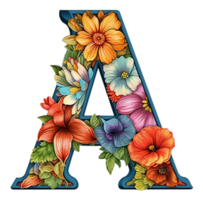 the letter a element is decorated with colorful floral motifs. isolated on transparent background. generative ai png