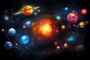 un póster para el universo con planetas y estrellas. astronómico galaxia espacio foto
