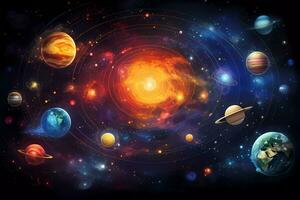 A poster for the universe with planets and stars. Astronomical galaxy space photo