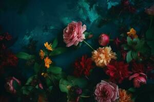 Colorful flowers dark background. Generate Ai photo