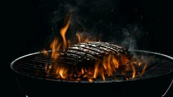 Flaming grill, Barbecue grill ablaze with fiery flames on black background. AI Generated photo