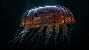 jalea pescado en el acuario en el oscuro antecedentes ai generado foto