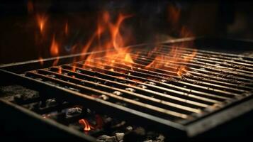 Fiery cooking scene, Empty grill with intense flames, perfect for barbecuing. AI Generated photo