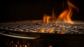 Empty barbecue Grill With Fire Flames. Black cooking grill background AI Generated photo