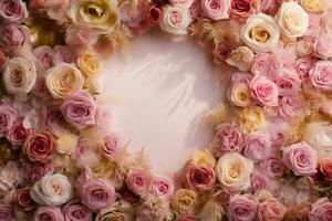 Romantic wedding background featuring gold rings, Eustoma roses, and delicate pink feathers. AI Generated photo