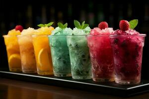 Chilled delight, row of icy fruit slushies, each in a plastic cup AI Generated photo