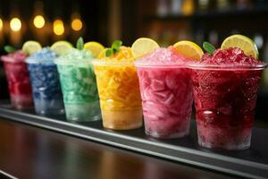 Colorful row of plastic cup slushies, brimming with frozen fruity goodness AI Generated photo