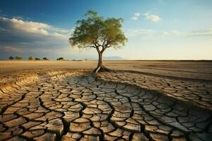 Struggling tree on dry soil underscores climate changes toll water scarcity and drought AI Generated photo