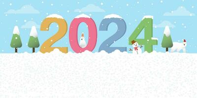 Snowscape with 2024 alphabet flat design vector illustration. Merry Christmas and Happy New Year greeting card template have blank space.