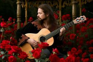 hombre guitarra rosas jardín música. generar ai foto