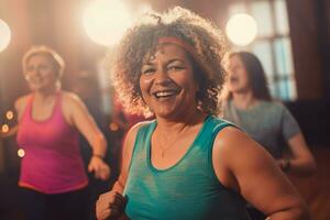 mujer alegre danza clase. generar ai foto