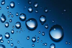 Captivating water droplets on a gradient-filled deep blue background. AI Generated photo