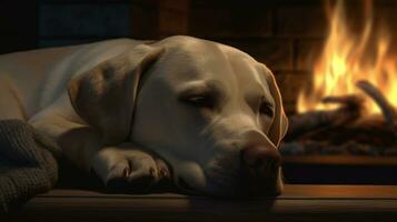 Serene pup dozing off by cozy fire AI Generated photo