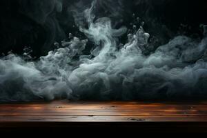 Vacant wood table, swirling smoke on dark backdrop, a canvas for product presentation AI Generated photo