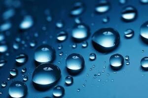 Captivating water droplets on a gradient-filled deep blue background. AI Generated photo