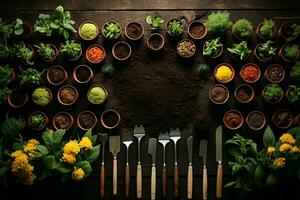 Spring gardening tools on fertile soil background from above, epitomizing planting concept AI Generated photo