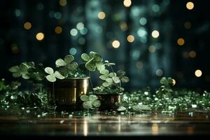 Radiant St Patricks Day backdrop with dazzling green glitter paper accents AI Generated photo