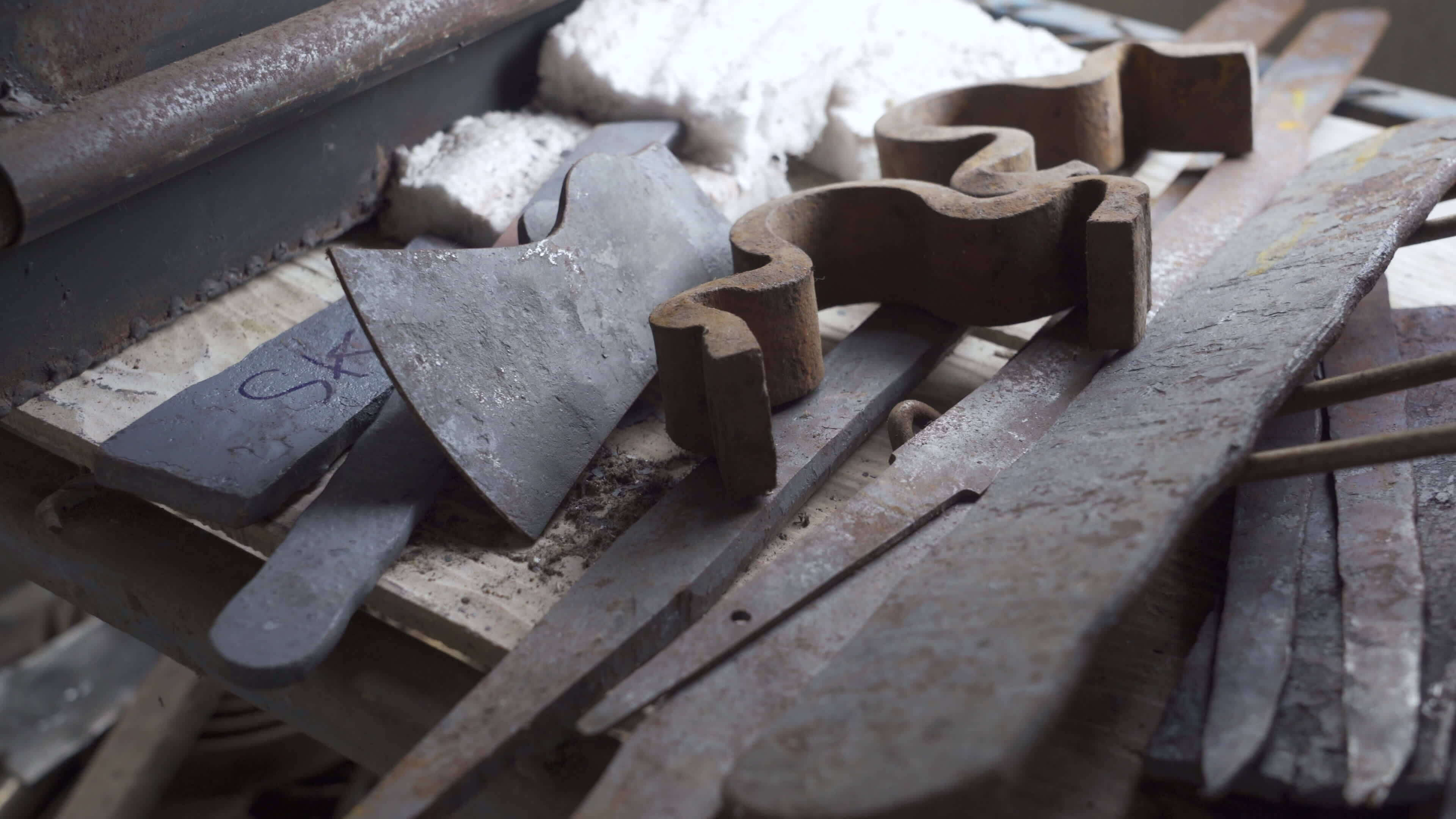 Stack of craftman's tool, axe, blade, iron bar, 4k footage 28708938