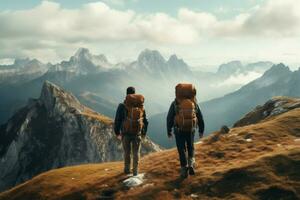 Rear view of trekkers exploring mountainous terrain. Generate Ai photo