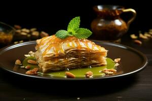 el delicioso medio oriental delicadeza, baklava, esencialmente involucra un profundo uso de azúcar. generar ai foto