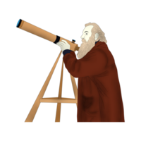 Galileo Galilei looking at the stars with a telescope painting isolated, Galileo Galilei near his telescope looking pensive to the firmament of stars png