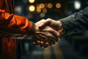 Trust forged Mechanic and client exchange handshake, affirming successful garage repair experience AI Generated photo